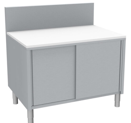 MEUBLE DE DECOUPE FROMAGE SURBAISSE INOX 304 DESSUS POLY BLANC EP.20 MM, PORTES COULISSANTES