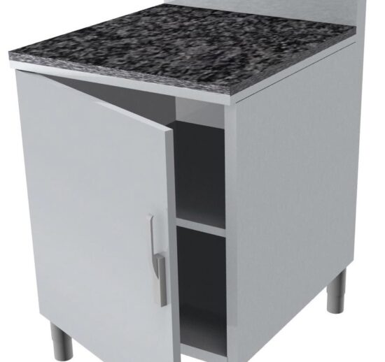 MEUBLE NEUTRE DESSUS GRANIT EP.20MM, 1P. BATTANTE AVEC FERMETURE LOQUETEAU, DOSSERET INOX 150X50 MM