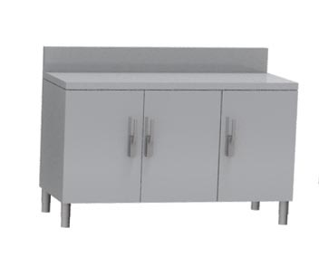MEUBLE NEUTRE DESSUS INOX 304, 3 PORTES BATTANTES AVEC FERMETURE LOQUETEAU, DOSSERET INOX 150X50 MM