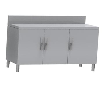 MEUBLE NEUTRE DESSUS INOX 304, 3 PORTES BATTANTES AVEC FERMETURE LOQUETEAU, DOSSERET INOX 150X50 MM