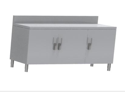 MEUBLE NEUTRE DESSUS INOX 304, 3 PORTES BATTANTES AVEC FERMETURE LOQUETEAU, DOSSERET INOX 150X50 MM