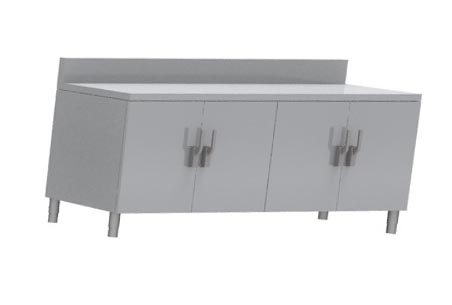 MEUBLE NEUTRE DESSUS INOX 304, 4 PORTES BATTANTES AVEC FERMETURE LOQUETEAU, DOSSERET INOX 150X50 MM