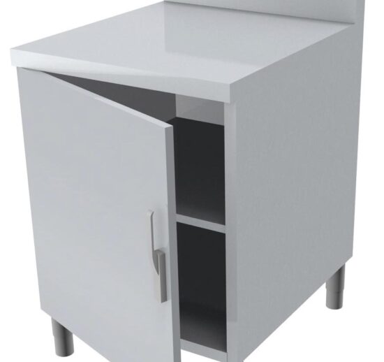 MEUBLE NEUTRE DESSUS INOX 304, 1 PORTE BATTANTE AVEC FERMETURE LOQUETEAU, DOSSERET INOX 150X50 MM