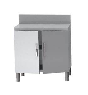 MEUBLE NEUTRE DESSUS INOX 304, 2 PORTES BATTANTES AVEC FERMETURE LOQUETEAU, DOSSERET INOX 150X50 MM