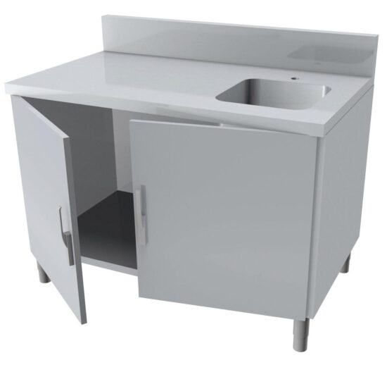 MEUBLE PLONGE,DESSUS INOX, 4P.BATTANTES AVEC 1 BAC A DROITE 500X500X250, EG.LISSE, DOSSERET 150X50 MM