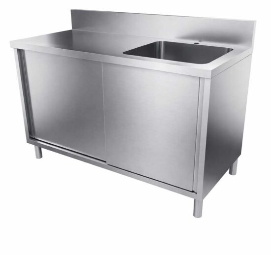 MEUBLE PLONGE,DESSUS INOX, 2P.COULISSANTES + 1 BAC A DROITE 500X500X250, EG.LISSE, DOSSERET 150X50 MM