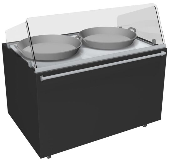 MEUBLE TRADITIONNEL DOUBLE PAELLA CHAUFFANT 300°C 2 PLAQUES CHAUFFANTES D.400MM,VITRE AVANT INCLINEE