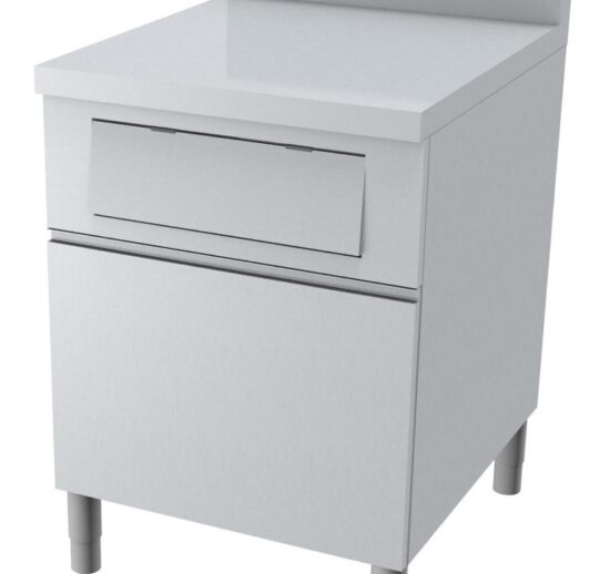 MEUBLE POUBELLE INOX 304, TIROIR COULISSANT+VOLET BASCULANT, DESSUS INOX, DOSSERET 150X50 MM