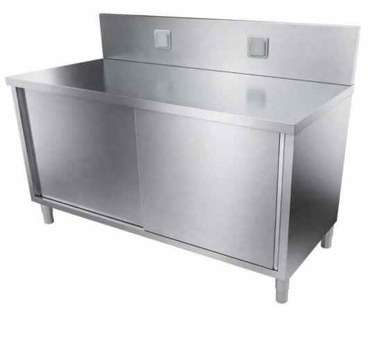 MEUBLE TRANCHEUR DESSSUS INOX, DOSSERET 250X50 MM AVEC 3 PRISES 230V INTEGREES, 2P.COULISSANTES