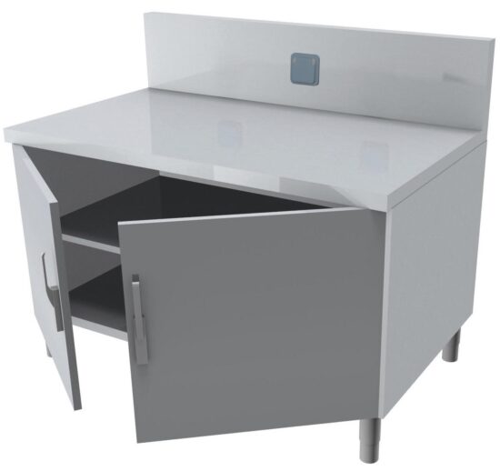 MEUBLE TRANCHEUR DESSSUS INOX, DOSSERET 250X50 MM AVEC 3 PRISES 230V INTEGREES, 4P.BATTANTES