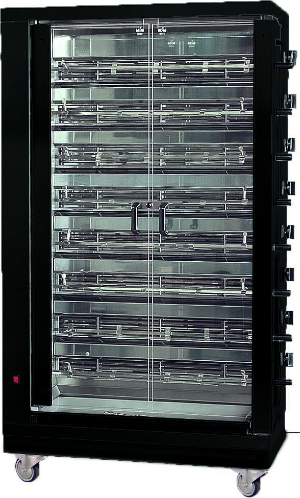 ROTISSOIRE ELECTRIQUE 8 BROCHES EN V 48 POULETS, COULEUR NOIRE,AVEC ECLAIRAGE INTERIEUR