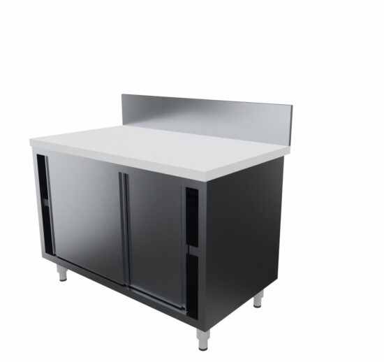 MEUBLE BAS INOX 304 ADOSSE, P. COULISSANTES DOUBLEES, DESSUS INOX ADOSSE EP.18MM+POLY EP.25MM