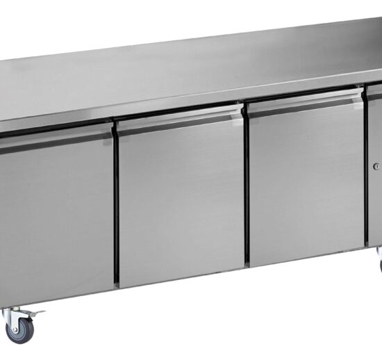DESSERTE REFRIGEREE INOX CENTRALE -2/+8°C R600A DESSUS INOX, 3 P. 600X400MM, SUR ROULETTES Ø 100MM