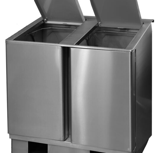 POUBELLE DE TRI SELECTIF INOX 304 A OUVERTURE FRONTALE, 2 PORTES BATTANTES, COUVERCLES AVEC