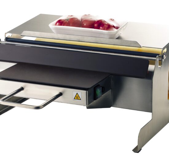 DEROULEUR DE FILM ETIRABLE INOX, LAIZE 500 MM SIMPLE BOBINE, AVEC PLAQUE CHAUFFANTE ANTIADHESIVE
