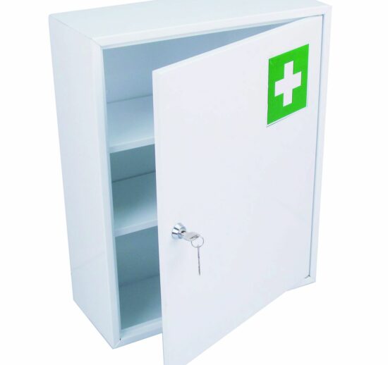 ARMOIRE A PHARMACIE PREMIER SECOURS 1 PORTE FIXATION MURALE, 2 ETAGERES EN METAL
