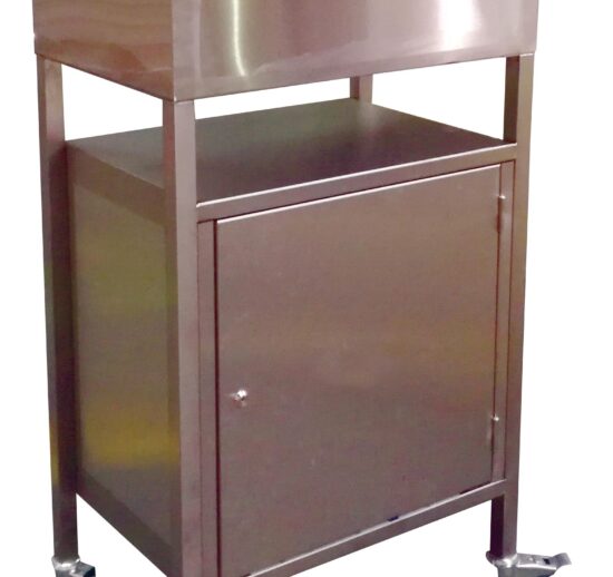 PUPITRE INOX SUR PLACARD AVEC ROULETTES CHAPE ZINGUEE, PLACARD AVEC FERMETURE A CLE