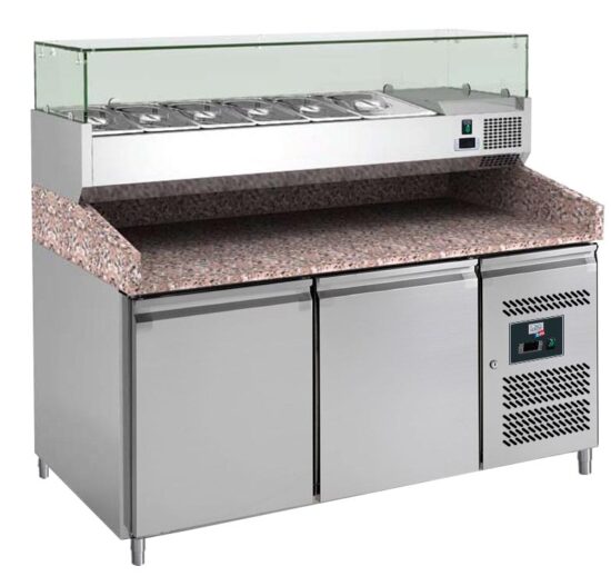 MEUBLE PIZZAS, 2 P. 600X400 MM, +2/+8°C, DESSUS GRANIT+VITRINE REFRIGEREE 5GN1/3+1GN1/2