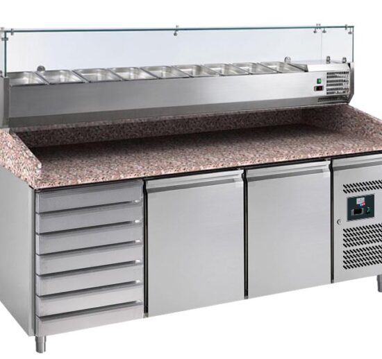 MEUBLE PIZZAS 2 P. 600X400MM+7TIROIRS, +2/+8°C CLASSE 4, DESSUS GRANIT VITRINE REFRIGEREE 9GN1/3
