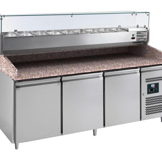 MEUBLE PIZZAS, 3 P. 600X400 MM, +2/+8°C, DESSUS GRANIT, AVEC VITRINE REFRIGEREE 9GN1/3-150