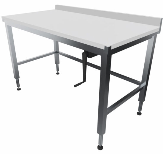 TABLE DE DECOUPE INOX 304 ADOSSEE, DESSUS POLY NATUREL EP.25 MM REGLABLE EN HAUTEUR PAR MANIVELLE