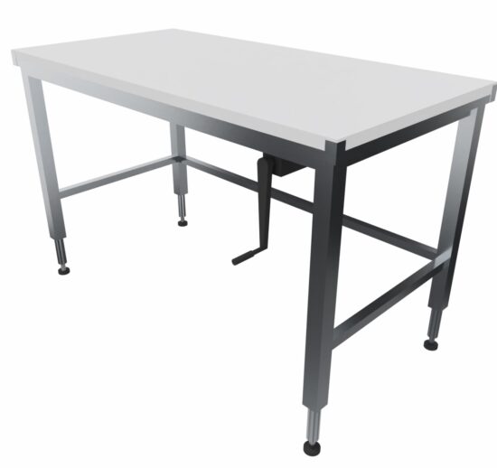 TABLE DE DECOUPE INOX 304 CENTRALE, DESSUS POLY NATUREL EP.25 MM REGLABLE EN HAUTEUR PAR MANIVELLE