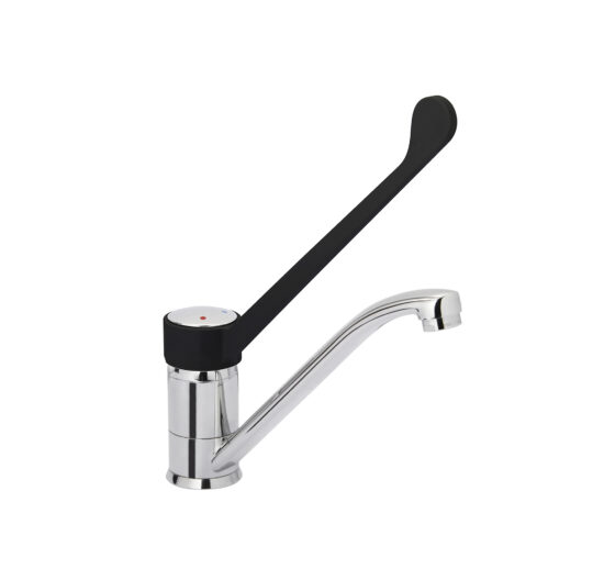 ROBINET MITIGEUR MONOTROU A COMMANDE AU COUDE COL DE CYGNE PIVOTANT L-215 MM AVEC FLEXIBLES