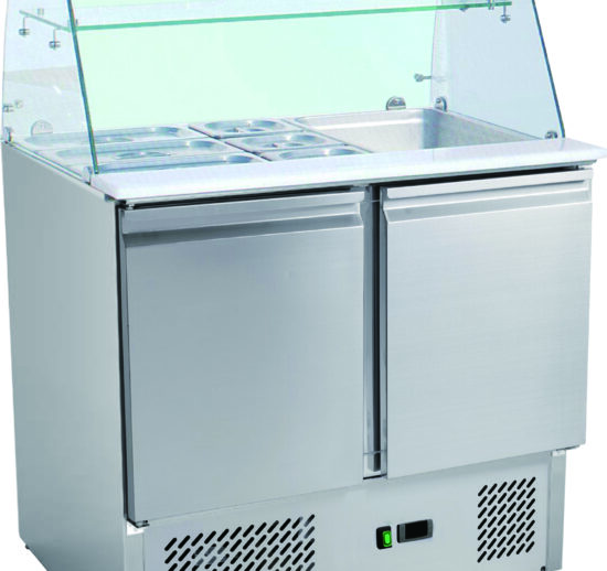 SALADETTE REFRIGEREE, PARE-HALEINE VERRE DROIT +2/+8°C, GAZ R600A, 2 P. GN1/1, CAP.2GN1/1+3GN1/6
