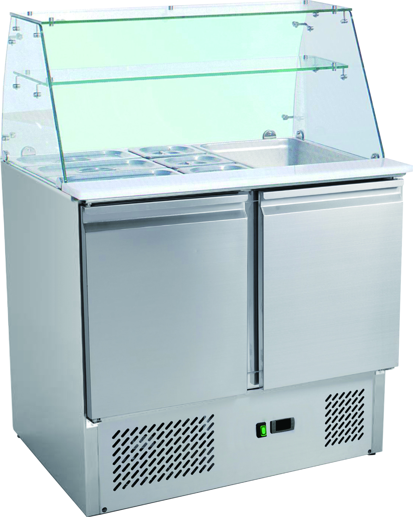 SALADETTE REFRIGEREE, PARE-HALEINE VERRE DROIT +2/+8°C, GAZ R600A, 2 P. GN1/1, CAP.2GN1/1+3GN1/6