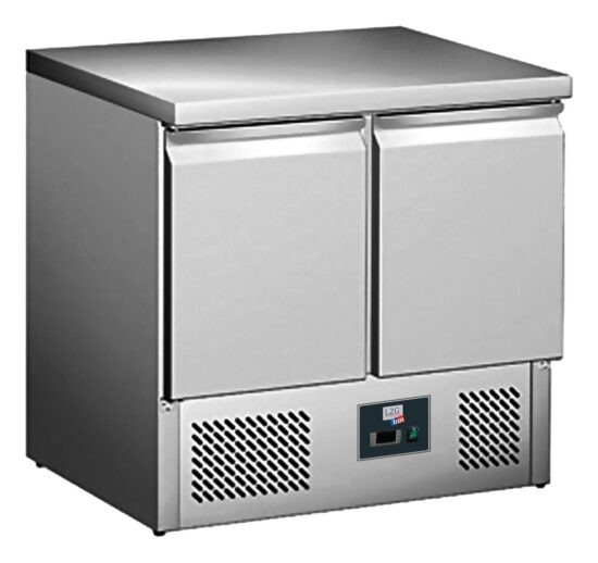 DESSERTE REFRIGEREE INOX CENTRALE, +2/+8°C, GAZ R600A, DESSUS FIXE, 2 PORTES GN1/1