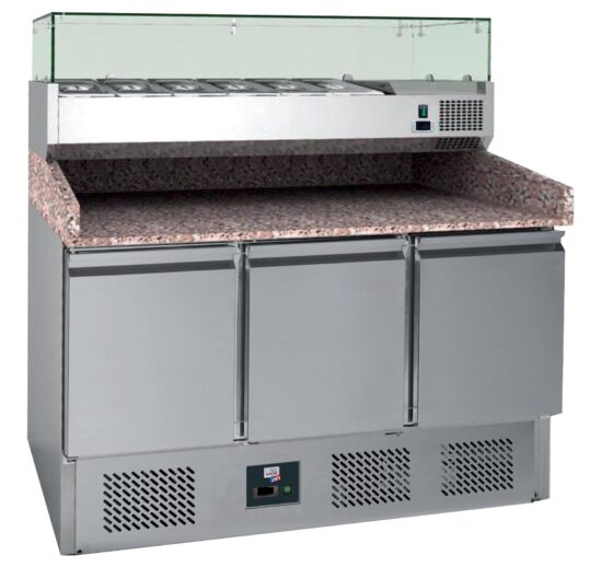 MEUBLE PIZZAS REFRIGERE GROUPE EN DESSOUS +2/+8°C GAZ R290, DESSUS GRANIT, 3 P. GN1/1, AVEC VITRINE