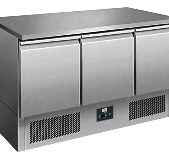 DESSERTE REFRIGEREE INOX CENTRALE, +2/+8°C, GAZ R290, DESSUS INOX FIXE, 3 PORTES GN1/1