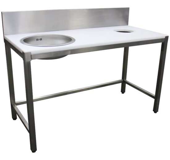 TABLE PREPARATION POISSON 1 BAC, SANS TIROIR DESSUS POLY BLANC EP.25 MM, DOSSERET 200X20 MM