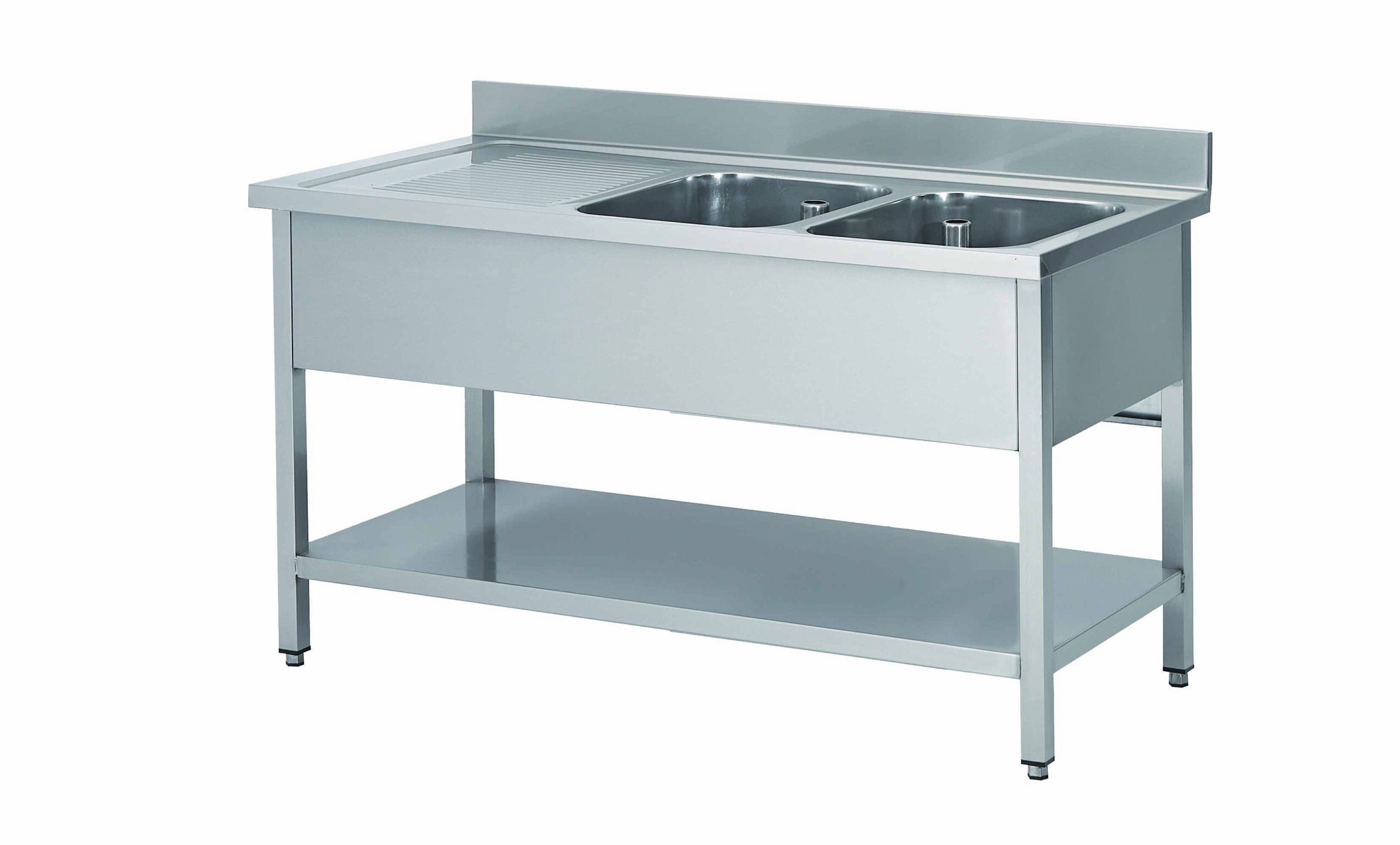 PLONGE INOX SOUDEE, 2 BACS 400X400X250 MM EGOUTTOIR A GAUCHE AVEC ETAGERE BASSE