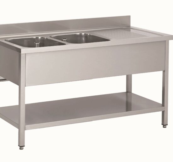 PLONGE INOX SOUDEE, 2 BACS 600X500X300 MM EGOUTTOIR A DROITE AVEC ETAGERE BASSE