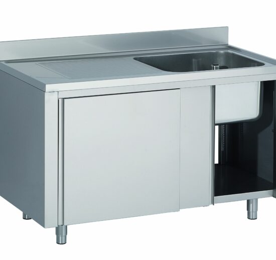 PLONGE PLACARD INOX 304 1 BAC 500X400X250 MM 1 EGOUTTOIR A GAUCHE, PORTES COULISSANTES DOUBLEES