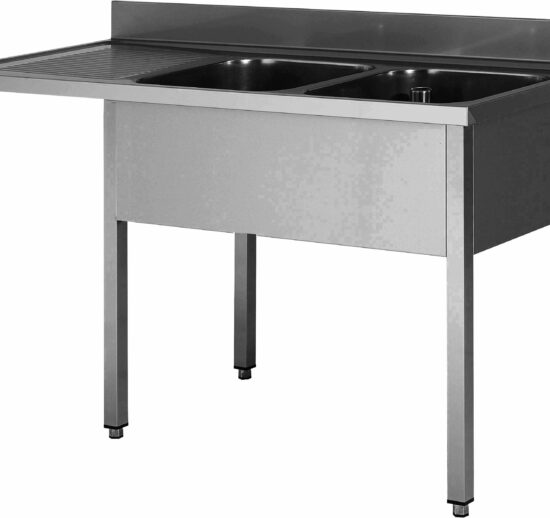 PLONGE INOX 304 SOUDEE, ENCASTREMENT LV BAC DROITE 2 BACS 500X500X300 MM, EGOUTTOIR A GAUCHE