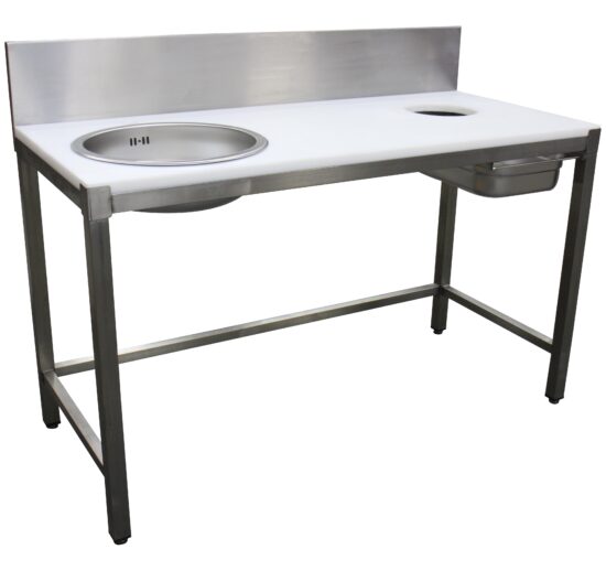 COMBINE DE PREPARATION POISSON 2 BACS, INOX 304, DESSUS POLY BLANC EP.25 MM, DOSSERET INOX H-200 MM