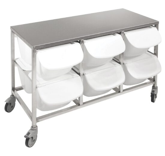 TABLE POUR BACS A INGREDIENTS INOX 304 SUR ROULETTES D.100MM,CHAPE ZINGUEE, PLATEAU INOX