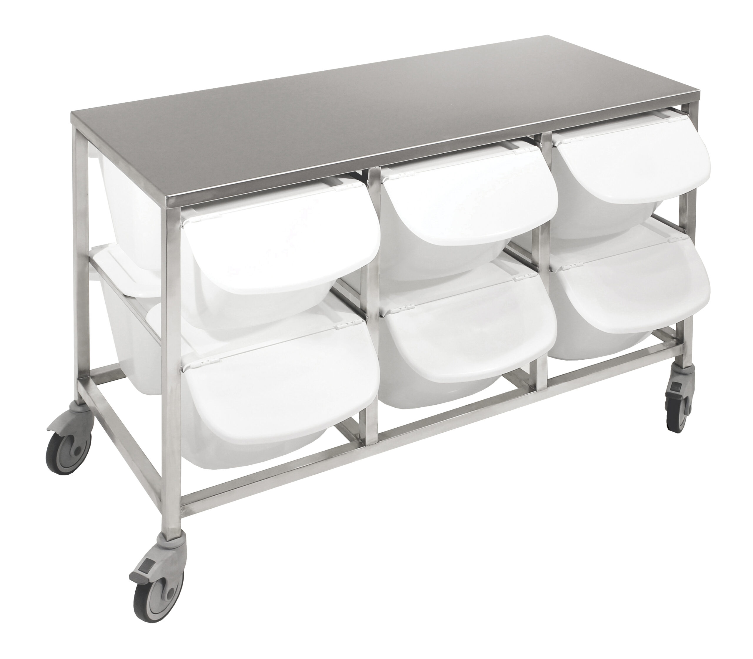 TABLE POUR BACS A INGREDIENTS INOX 304 SUR ROULETTES D.100MM,CHAPE ZINGUEE, PLATEAU INOX