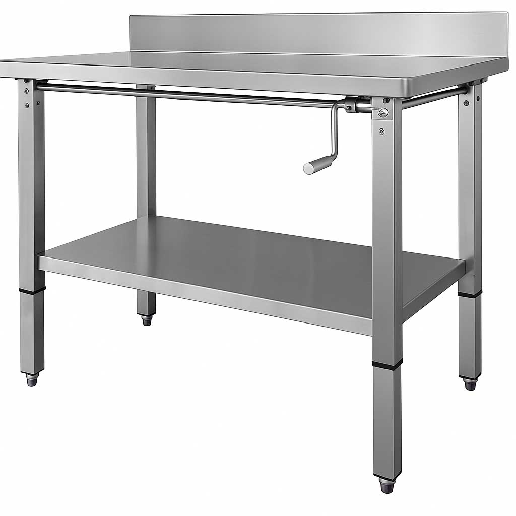 TABLE INOX 304 ADOSSEE CONFOR'TABLE + ETAGERE, REGLABLE EN HAUTEUR PAR MANIVELLE