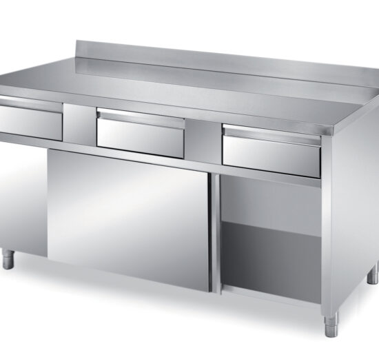 MEUBLE BAS INOX 304 ADOSSE, 2 PORTES COULISSANTES ET 2 TIROIRS SUR GLISSIERES
