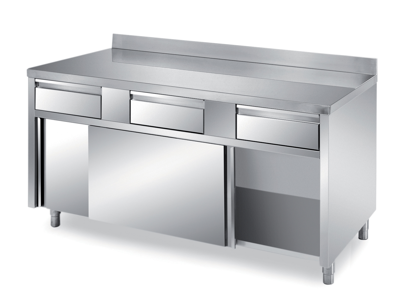 MEUBLE BAS INOX 304 CENTRAL, 2 PORTES COULISSANTES ET 3 TIROIRS SUR GLISSIERES