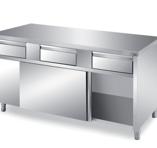 MEUBLE BAS INOX CENTRAL, 2 PORTES COULISSANTES DOUBLEES ET 3 TIROIRS SUR GLISSIERES