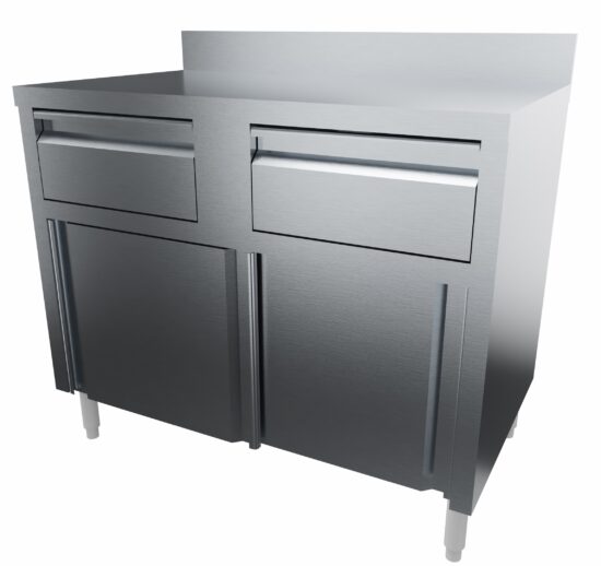 MEUBLE BAS INOX 304 ADOSSE, 2 PORTES COULISSANTES ET 2 TIROIRS SUR GLISSIERES