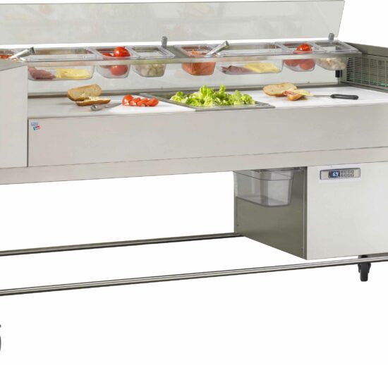 TABLE DE PREPARATION FROIDE A FLUX LAMINAIRE PLAN DE TRAVAIL AVEC 3 PLAQUES POLY GN1/1 EP.20 MM