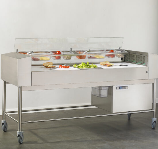 TABLE DE PREPARATION FROIDE A FLUX LAMINAIRE PLAN DE TRAVAIL AVEC 4 PLAQUES POLY GN1/1 EP.20 MM