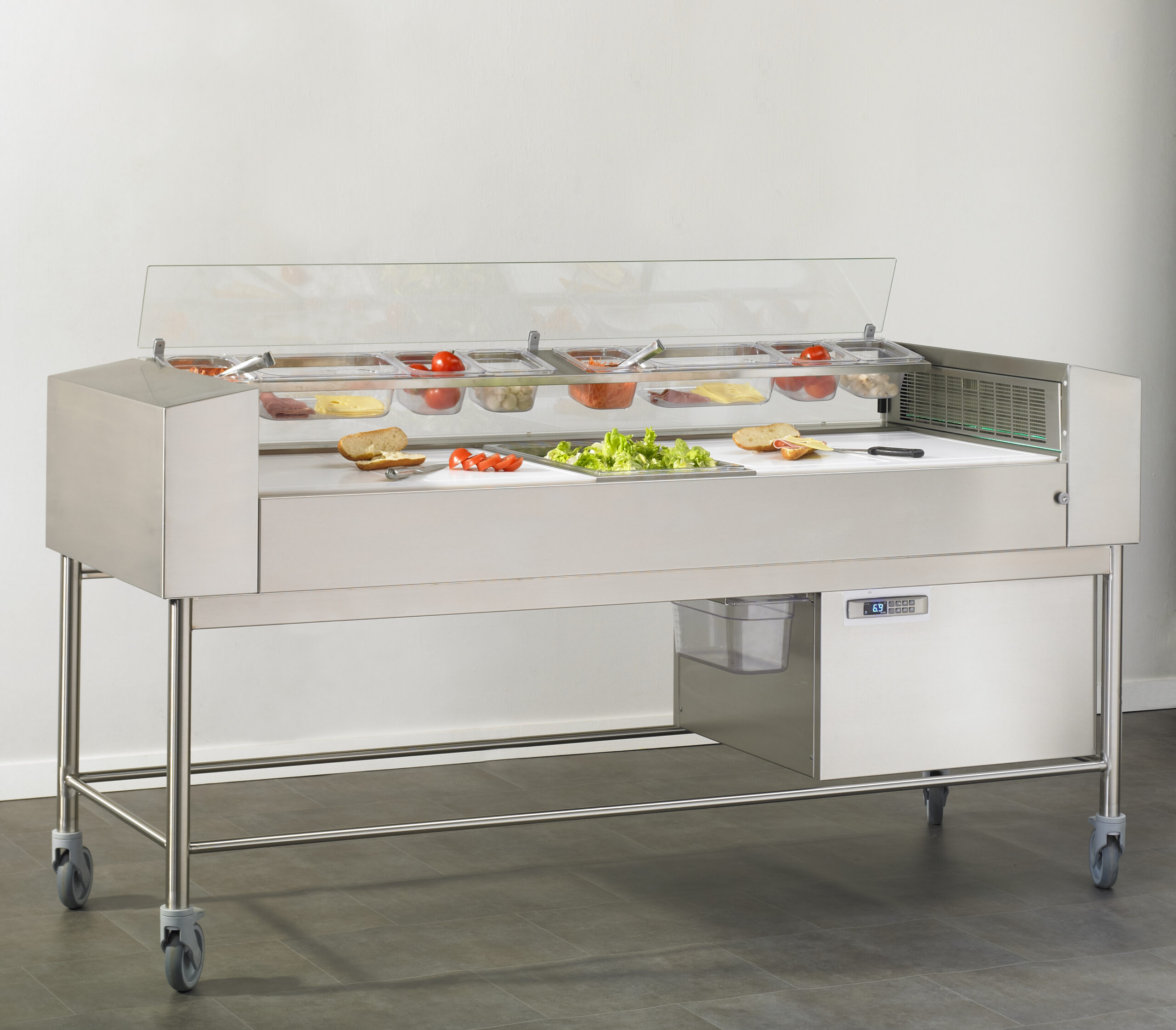 TABLE DE PREPARATION FROIDE A FLUX LAMINAIRE PLAN DE TRAVAIL AVEC 4 PLAQUES POLY GN1/1 EP.20 MM