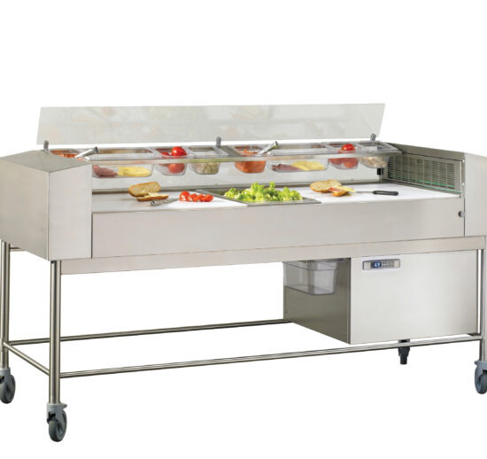 TABLE DE PREPARATION FROIDE A FLUX LAMINAIRE PLAN DE TRAVAIL AVEC 5 PLAQUES POLY GN1/1 EP.20 MM