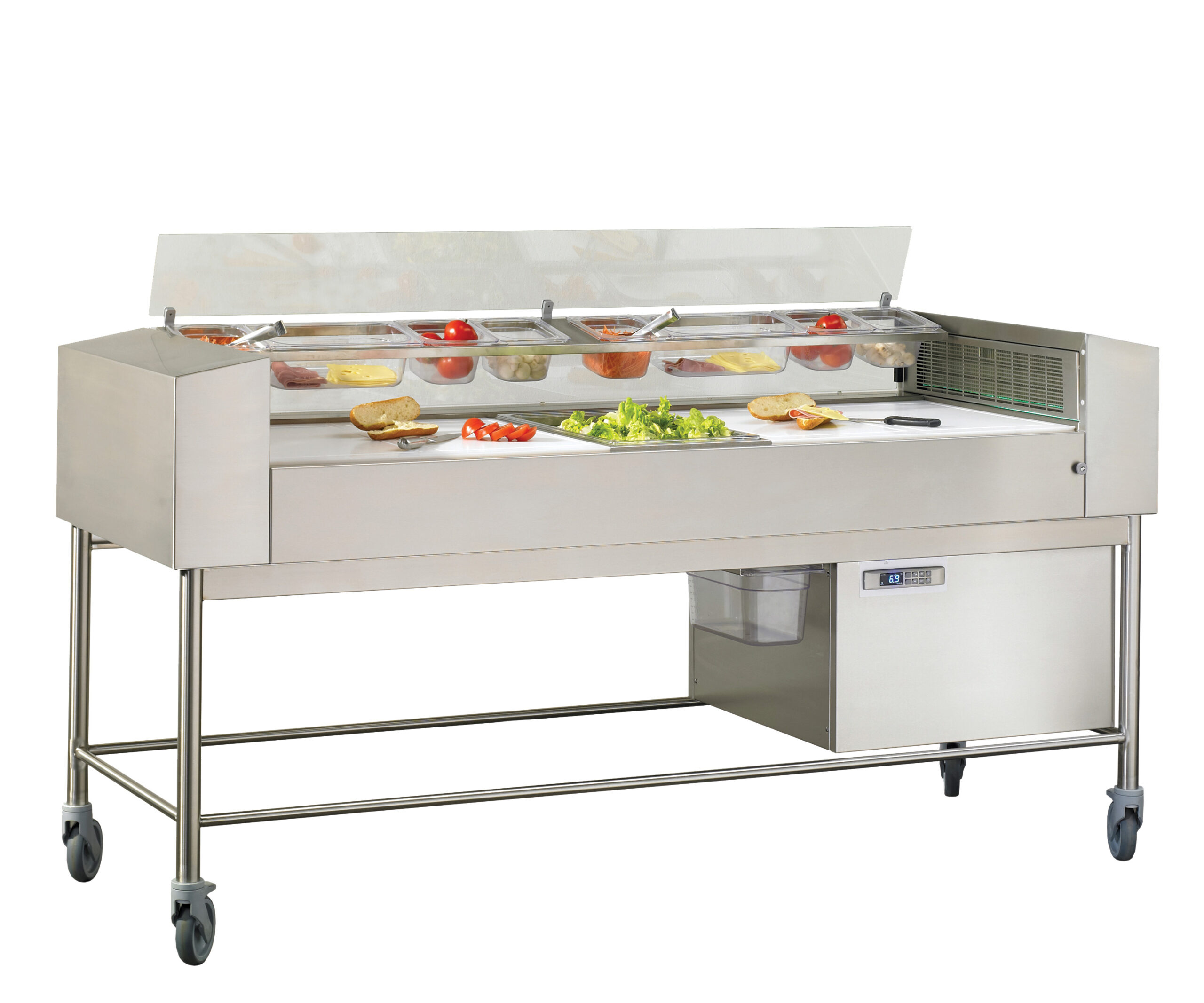 TABLE DE PREPARATION FROIDE A FLUX LAMINAIRE PLAN DE TRAVAIL AVEC 5 PLAQUES POLY GN1/1 EP.20 MM